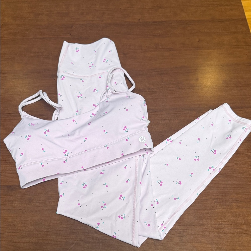 Astoria Light Pink cherry Print Sports Bra & Leggings ( pants L, bra M)